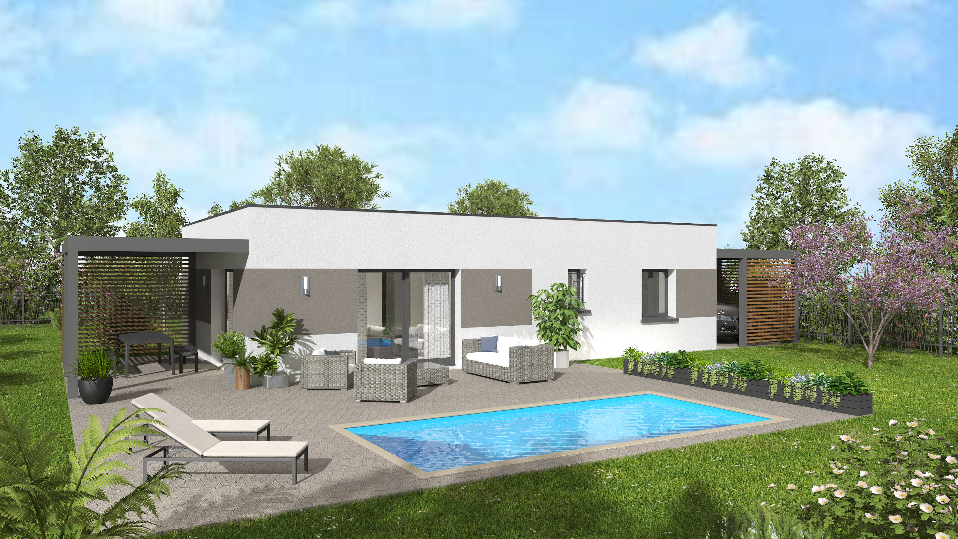 Découvrez toutes nos maisons en nous contactant directement ! Vue extérieure de la maison Contemporaine de la gamme accès avec Option